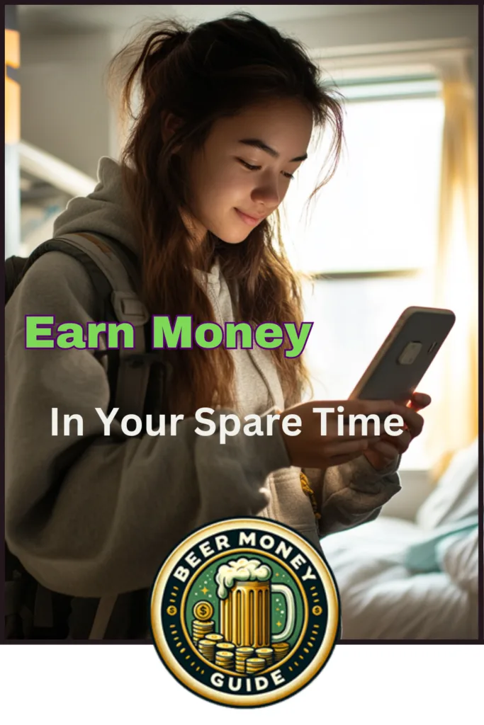 Young woman in a casual setting looking at her smartphone - Beer Money Guide: Top Sites and Tips to Earn Extra Cash Online.
