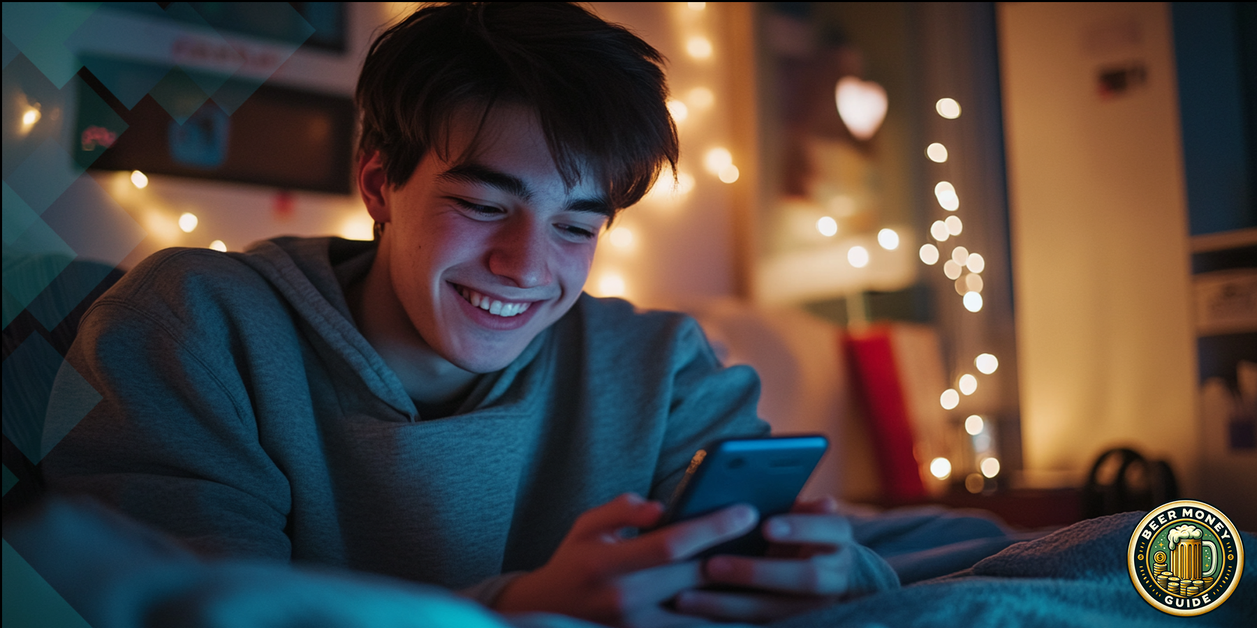 A person smiling and looking at a phone in a dimly lit room, illuminated by string lights in the background, possibly checking out the latest tips from the Beer Money Guide.