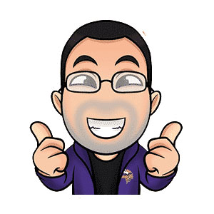 Cartoon figure of a smiling person with glasses and a beard, giving two thumbs up. The person is wearing a purple jacket over a black shirt.