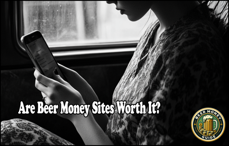 Person looking at a smartphone with text on the image asking, "Are Beer Money Sites Worth It?" and a logo for Beer Money Guide in the corner. They're exploring passive income opportunities to earn extra cash online.