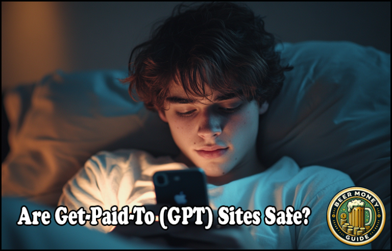 Young person lying in bed, illuminated by a phone screen, with text "Are Get-Paid-To (GPT) Sites Safe?" and a "Beer Money Guide" logo in the bottom right corner. The scene raises important questions about internet safety and secure payment methods when using GPT sites.