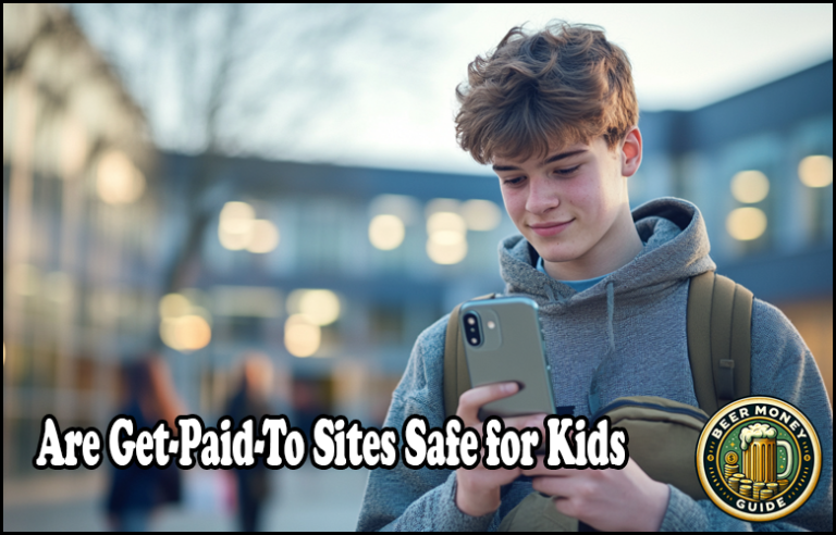 A teenager with a backpack looks at a smartphone outside. Text overlay asks, "Are Get-Paid-To Sites Safe for Kids?" alongside a logo for "Beer Money Guide." Emphasizing internet safety for minors is crucial as more kids explore online earning opportunities.