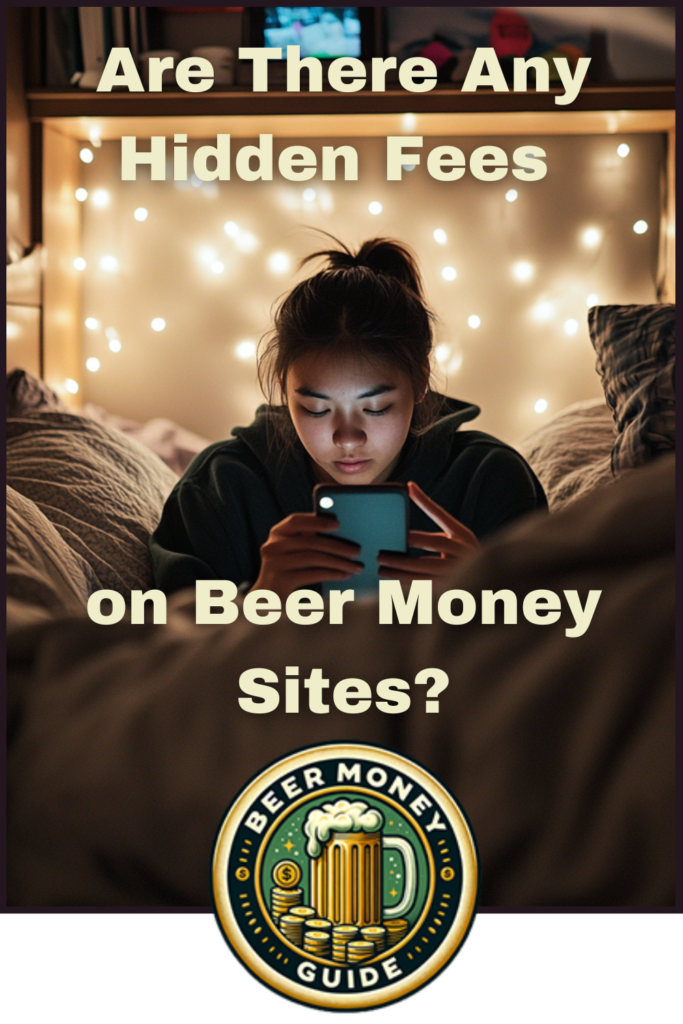 A woman lies on her bed, using a smartphone. Text overlays read, "Are There Any Hidden Fees on Beer Money Sites?" with a "Beer Money Guide" logo at the bottom, helping you navigate side hustle platforms and passive income streams.