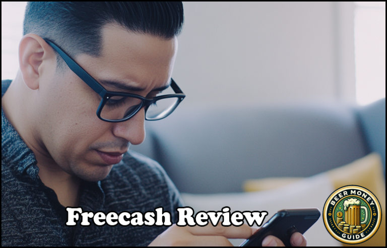 A person wearing glasses looks intently at their smartphone with the text "Freecash Review" and a "Beer Money Guide" badge in the corner, exploring passive income opportunities.