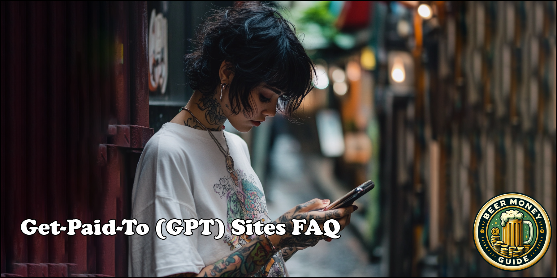 A person with tattoos stands outside, looking at a phone. The text reads 