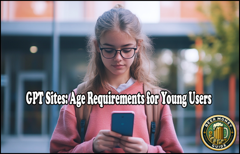 A young person with glasses and a pink hoodie is using a smartphone, standing outdoors. The text on the image reads, "GPT Sites: Age Requirements for Young Users - Ensuring Online Safety for Kids.