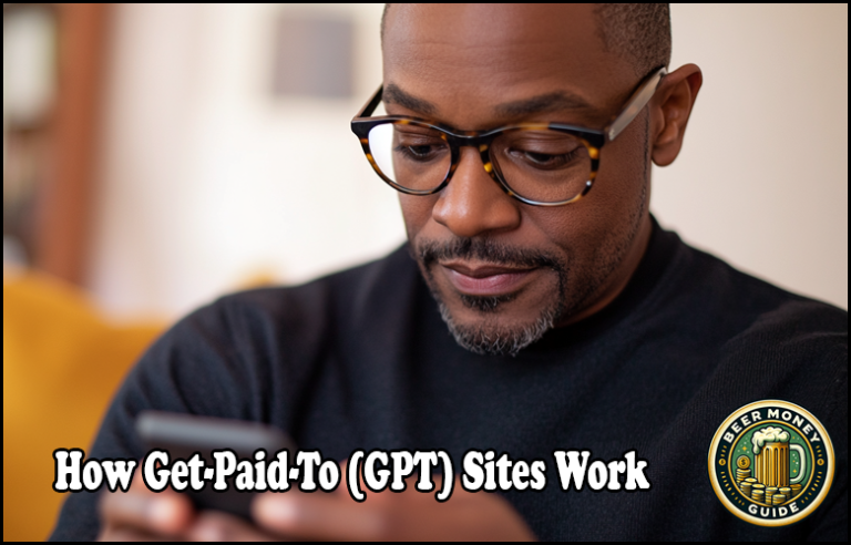 A person wearing glasses looks at their phone. Text reads "Can you explain how a get-paid-to (GPT) site operates?" A logo for "Beer Money Guide" is in the corner.