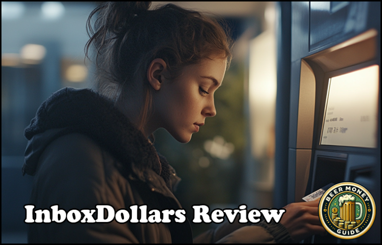 A young woman at an ATM, with the text "InboxDollars Review" and "Beer Money Guide" badge overlay, highlights a way to make money online through paid surveys.