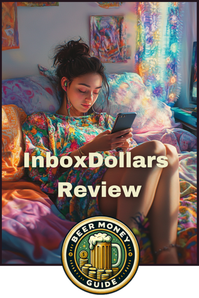 A person sits on a colorful, floral bedspread, looking at their phone. Overlay text reads "InboxDollars Review: Earn Extra Income" above a "Beer Money Guide" logo featuring a beer mug.