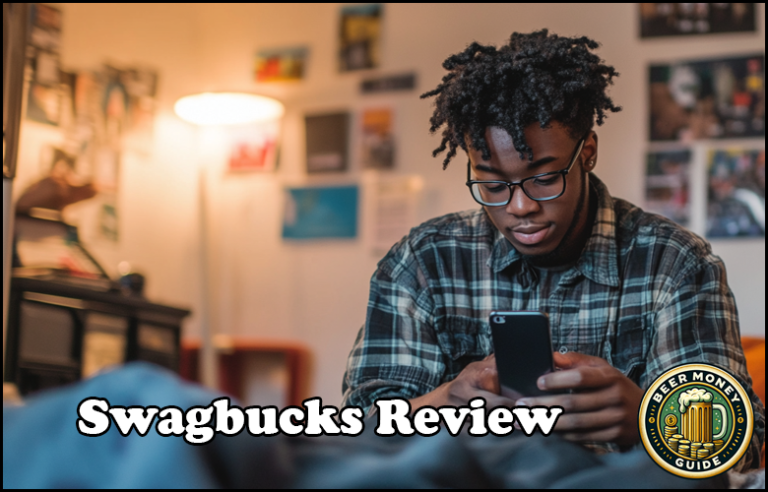 A person sitting indoors looking at a smartphone with the text overlay "Swagbucks Review" and a logo in the corner, possibly exploring the pros and cons of the Swagbucks rewards program.