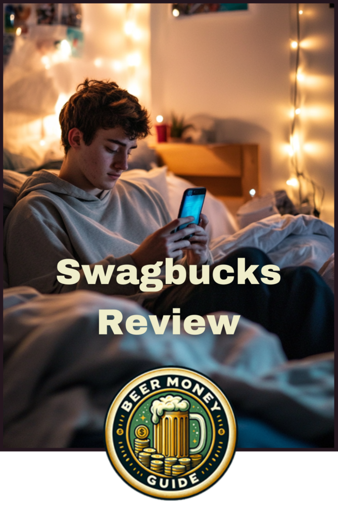 A person sits on a bed with string lights in the background, looking at a smartphone. Text reads "Swagbucks Review: Make Money Online" above a "Beer Money Guide" logo at the bottom.