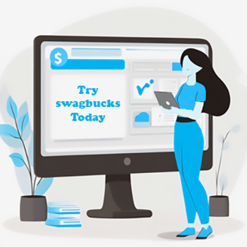 A woman stands next to a large computer monitor displaying the text "Try Swagbucks Today." She is holding a tablet. The setting includes potted plants and a stack of books.