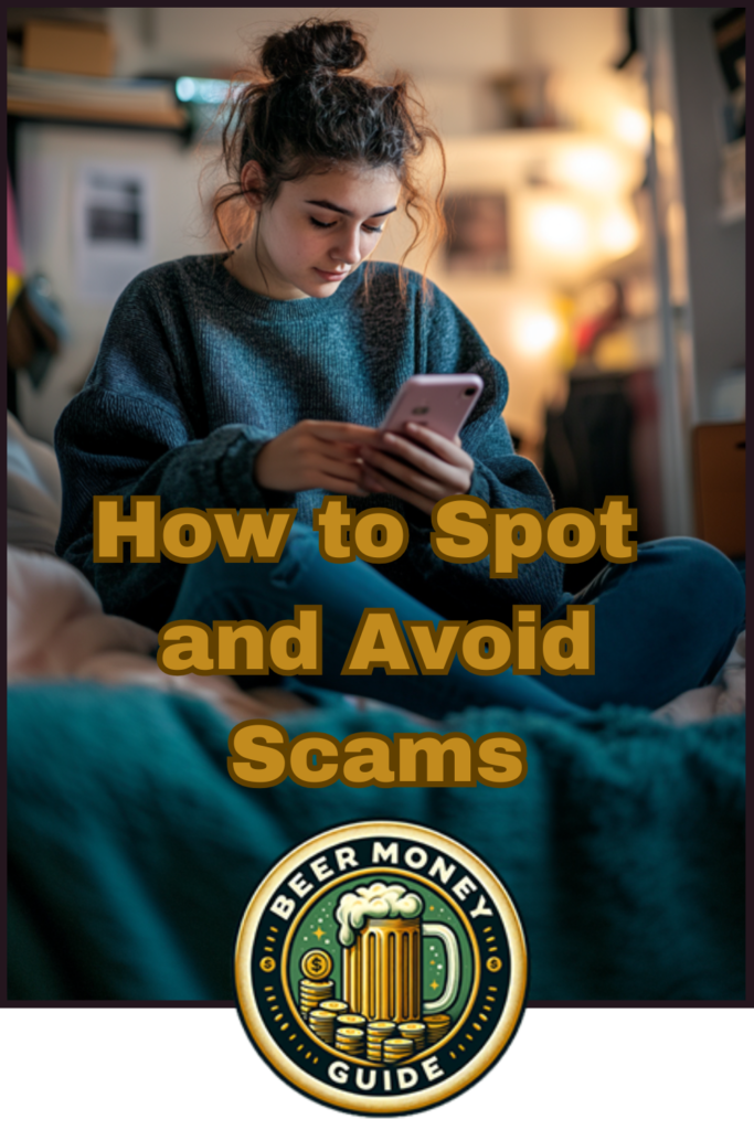 A person sits on a bed, engrossed in their phone. The image displays the text "How to Spot and Avoid Scams" beside the logo "Beer Money Guide." Dive into tips on financial scams and online fraud prevention to ensure safe money-making online.