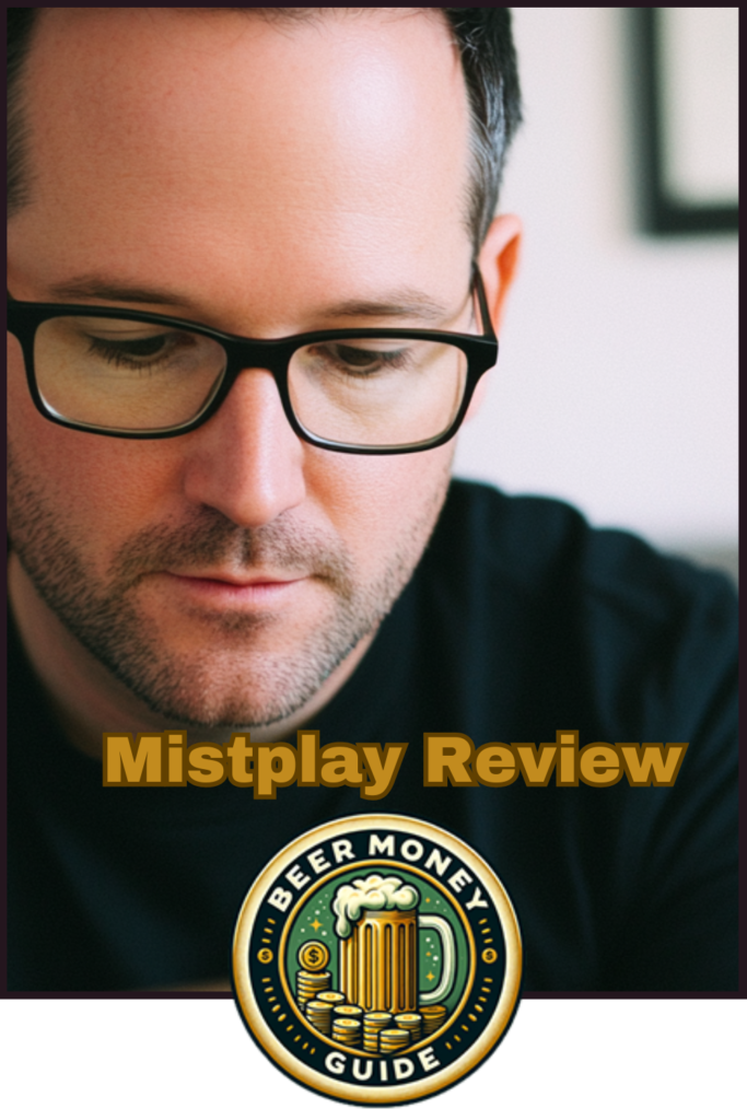 A man wearing glasses gazes downward. The text overlay reads "Mistplay Review," with the distinctive "Beer Money Guide" logo anchoring the scene at the bottom, capturing attention and curiosity.