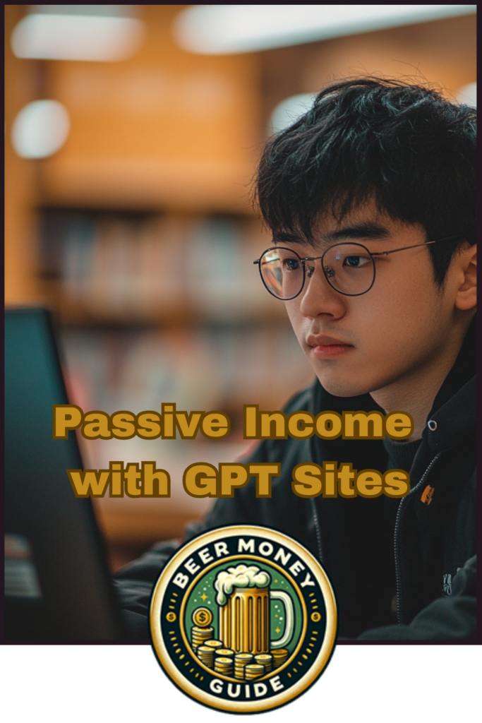 A person is using a laptop displaying the text "Passive Income with GPT Sites" alongside a "Beer Money Guide" logo. Dive into AI content generation and unleash GPT site monetization strategies to maximize your earnings.