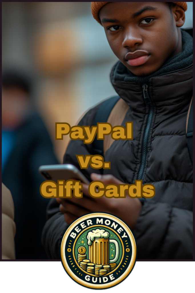 A person in a coat looks at a phone. Overlay text reads "PayPal vs. Gift Cards," with the "Beer Money Guide" logo at the bottom, highlighting online payments and money transfer services.