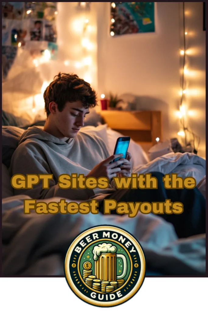 A person is sitting on a bed using a smartphone. The text reads "Top GPT Sites with the Fastest Payouts," accompanied by a "Beer Money Guide" logo below. The room, adorned with string lights, exudes a cozy ambiance that's perfect for discovering GPT reward sites.