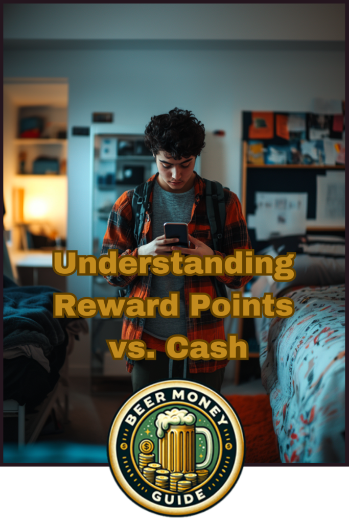 A person in a room looks at a smartphone. Overlay text reads "Understanding Travel Rewards vs. Cash," with a "Beer Money Guide" logo at the bottom.