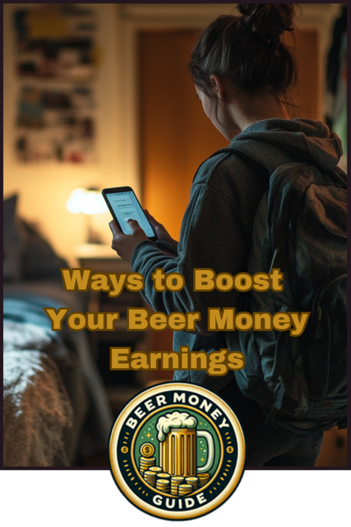 Person with a backpack looks at a smartphone. Text reads, "Ways to Boost Your Beer Money Earnings with Gig Economy Jobs" alongside the "Beer Money Guide" logo at the bottom.