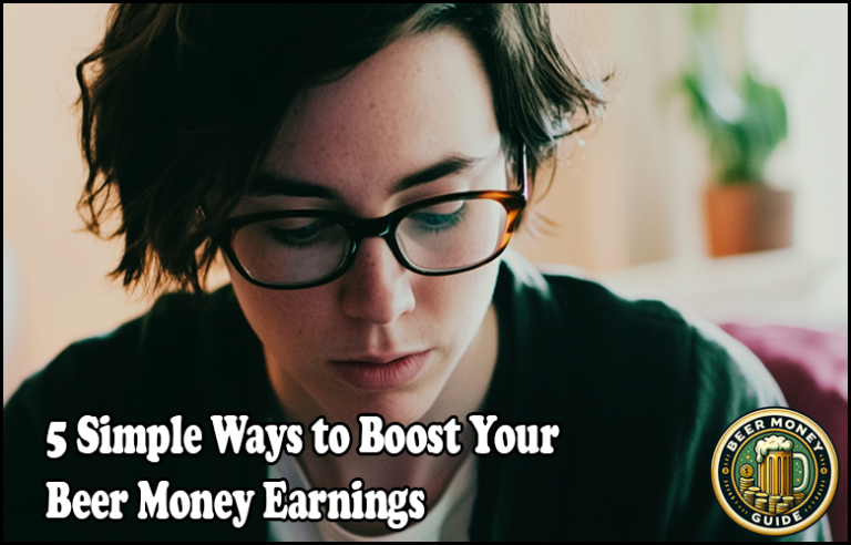 A person with glasses is reading. Text overlay: "5 Simple Ways to Boost Your Beer Money Earnings through Side Hustles" with a logo in the corner.