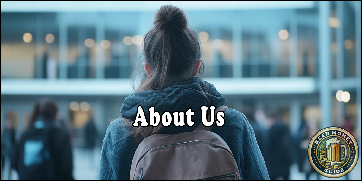 A backpacked individual stands before a building, encircled by the words "About Us," with the "Beer Money Guide" logo nestled snugly in the corner.