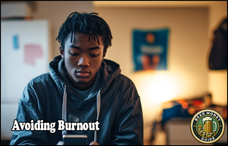 Young person looking at a phone, sitting in a dimly lit room with the text "Avoiding Burnout" and a logo in the corner. Highlighting the importance of self-care for stress management, this scene reminds us to prioritize personal well-being.