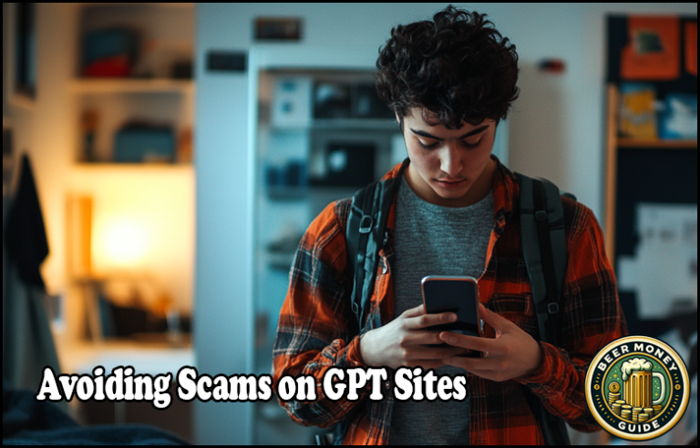 Person looking at a phone, wearing a backpack, with text overlay: "Fraud Prevention on GPT Sites," and a "Beer Money Guide" logo in the corner.