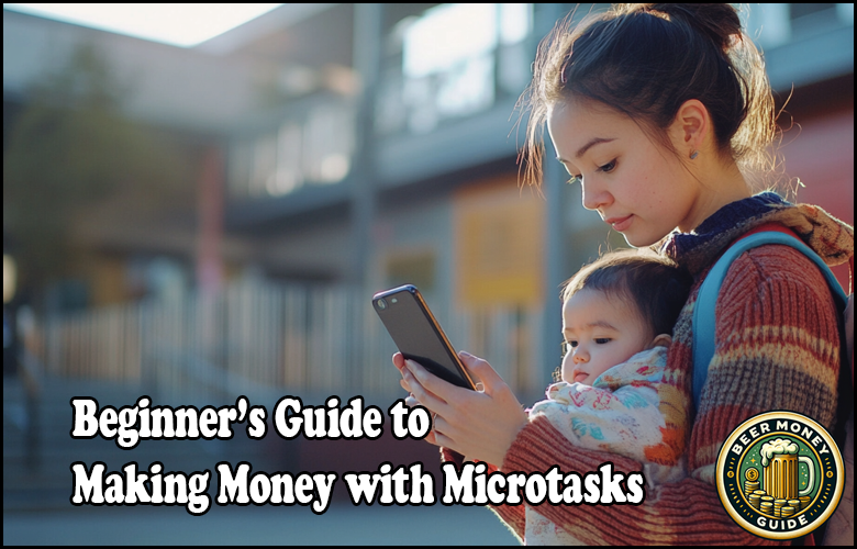 A person holding a baby is using a smartphone. Text reads: "Beginner's Guide to Making Money with Microtasks" alongside a circular badge with "Bee Money Guide." Discover easy gig economy jobs and earn microtasks income from home.