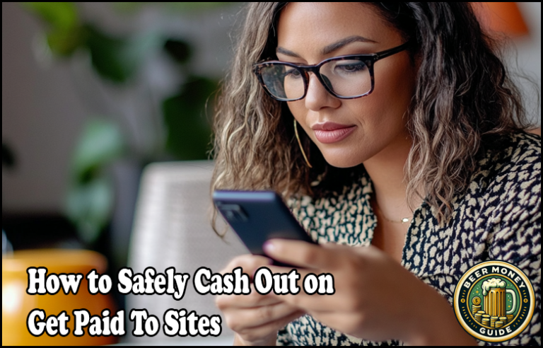 A person with glasses looks at a smartphone. Text on image: "How to Safely Cash Out on Get Paid To Sites" with a "Beer Money Guide" logo. Discover essential withdrawal tips for online earning platforms and maximize your gains securely.