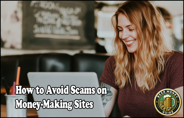 A woman smiles at her laptop in a cozy cafe, next to text reading "Money-Making Opportunities: How to Spot and Avoid Scams on Money-Making Sites.