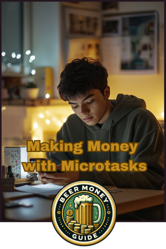 Person sitting at a desk with a notebook, surrounded by warm lighting and fairy lights. Text reads: "Beginner's Guide to Making Money with Microtasks. Earn Extra Cash.