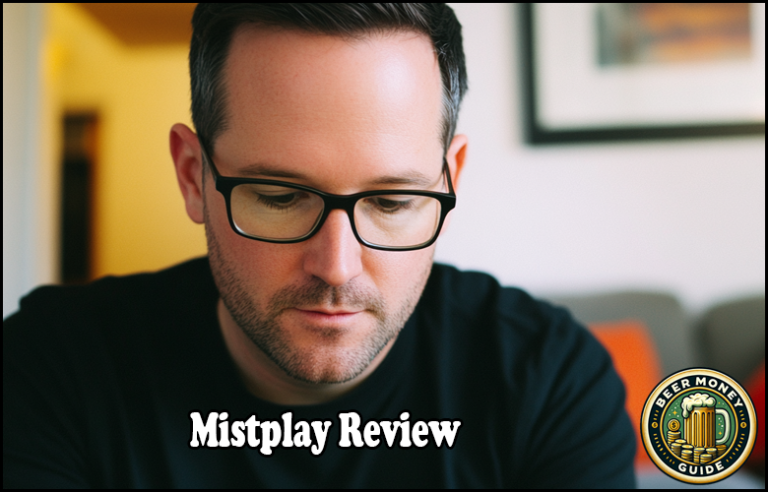 A person with glasses looking down thoughtfully, accompanied by the text overlay "Mistplay Review." In the corner, the "Beer Money Guide" logo sits subtly.