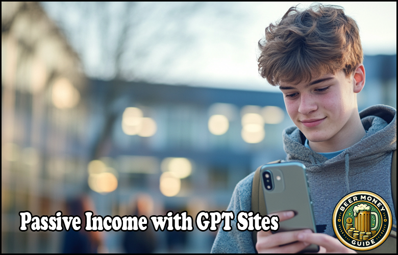 A teen in a hoodie holds a smartphone, the building behind them just a blur. Text reads, "Passive Income with GPT Site Monetization Strategies," accompanied by a circular logo in the bottom right corner.