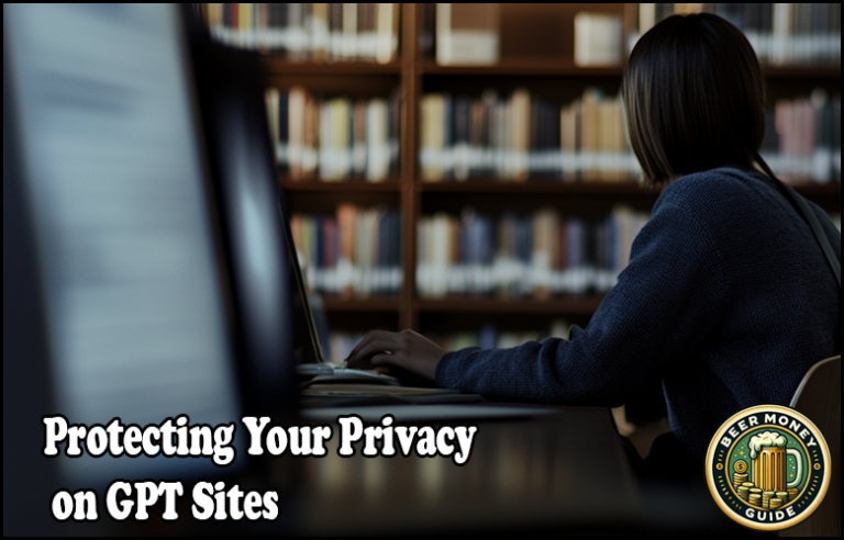 In a library setting, with rows of books as the backdrop, a person is engrossed in their computer screen. The text reads, "Ensuring Data Security and Protecting Your Privacy on GPT Sites.