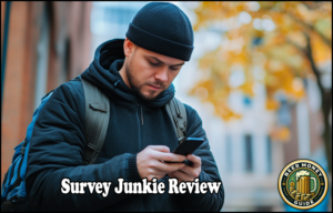 A person in a beanie and jacket uses a smartphone outdoors near autumn leaves, exploring online income opportunities. Text overlay reads 