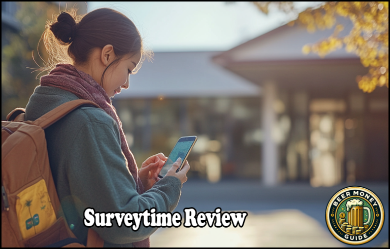 A person with a brown backpack uses a smartphone outdoors, intrigued by the "Surveytime Review" displayed on their screen, accompanied by a logo in the corner.