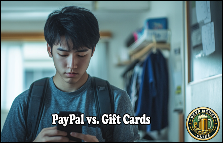 Young man looking at phone with text overlay: "PayPal vs. Gift Cards." Backpack straps visible; indoor setting with clothes hanging in the background, pondering e-commerce transactions.