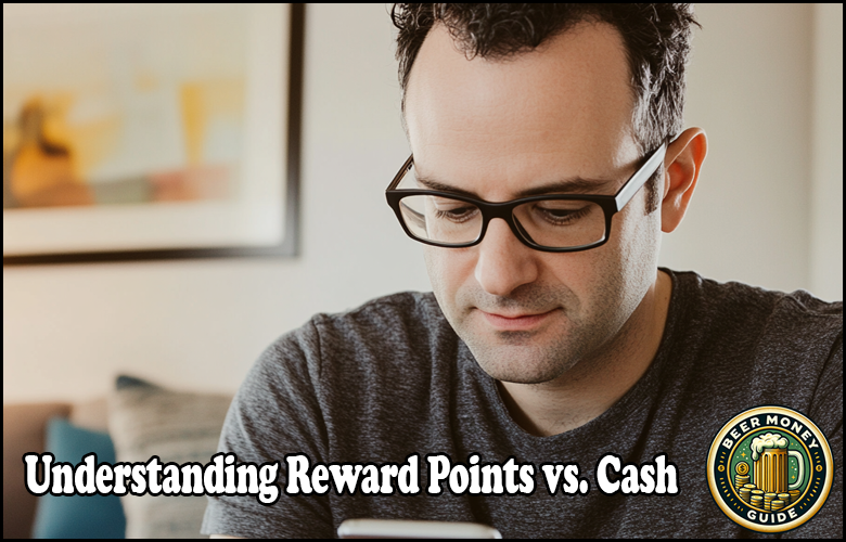 Man with glasses looking at phone; text reads "Understanding Reward Points vs. Cash" with a Beer Money Guide logo. Dive into loyalty programs to maximize cash back benefits and make informed choices!