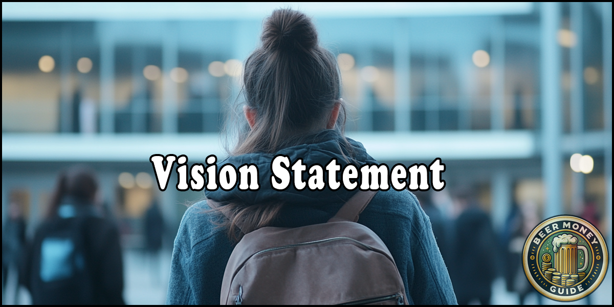 A person with a backpack faces a building, embodying the essence of a vision statement. The words 