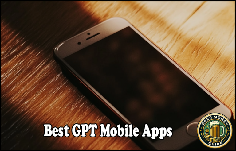 A sleek smartphone rests on a wooden surface, displaying the text "Best GPT Mobile Apps." In the bottom right corner, a circular logo complements the design perfectly.