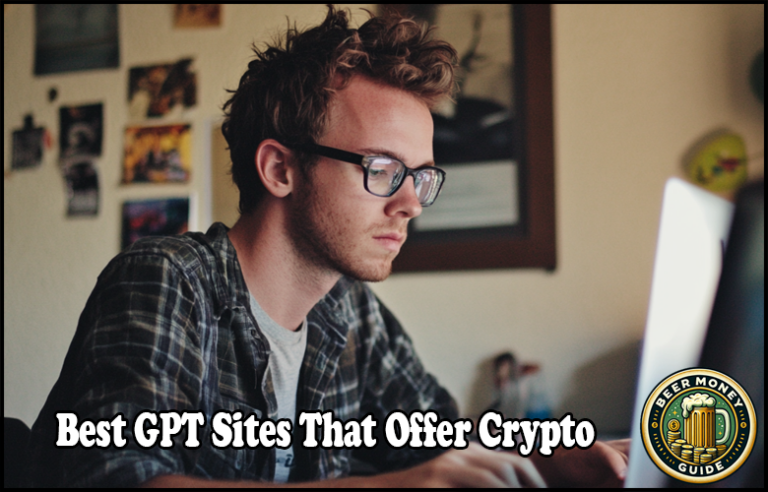 A person with glasses and a plaid shirt working on a laptop, surrounded by photos on the wall. Text overlay: "Top GPT Sites for Bitcoin Payments" with a logo saying "Beer Money Guide.