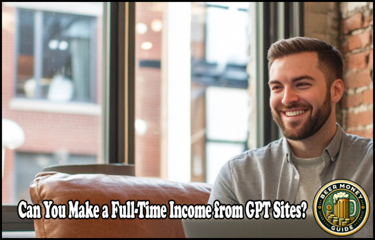 Smiling man sitting on a couch with a laptop in a room with large windows. Text on image asks, "Can You earn a living from GPT sites?.