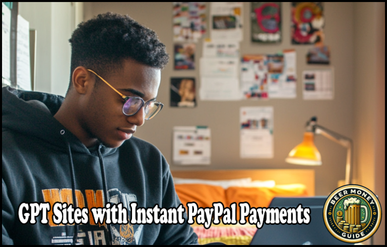 A person wearing glasses uses a laptop in a room with bright orange bed covers and a collage of posters on the wall. The text reads, "Quick Payout Surveys: GPT Sites with Instant PayPal Payments.