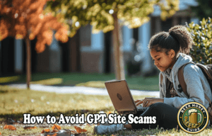 A person sits on the grass outside, engrossed in their laptop. The screen flashes "Identifying Safe GPT Sites" next to a bold "Beer Money Guide" logo, offering essential tips on how to avoid GPT site scams.