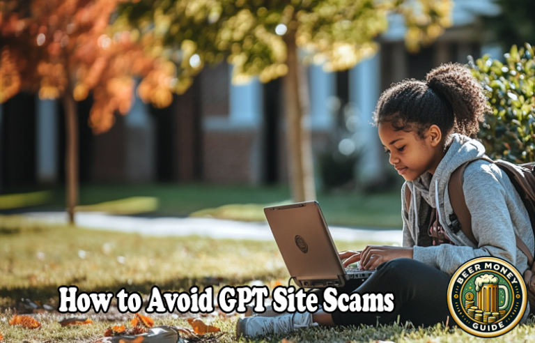 A person sits on the grass outside, engrossed in their laptop. The screen flashes "Identifying Safe GPT Sites" next to a bold "Beer Money Guide" logo, offering essential tips on how to avoid GPT site scams.