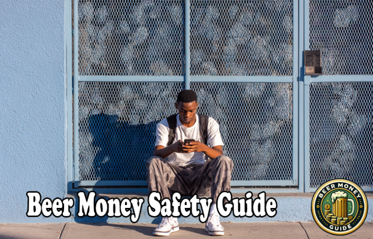 A man sits on a sidewalk in front of a blue metal fence, looking at his phone. Text reads "Beer Money Safety Guide" with tips to avoid survey scams and a circular logo in the corner.