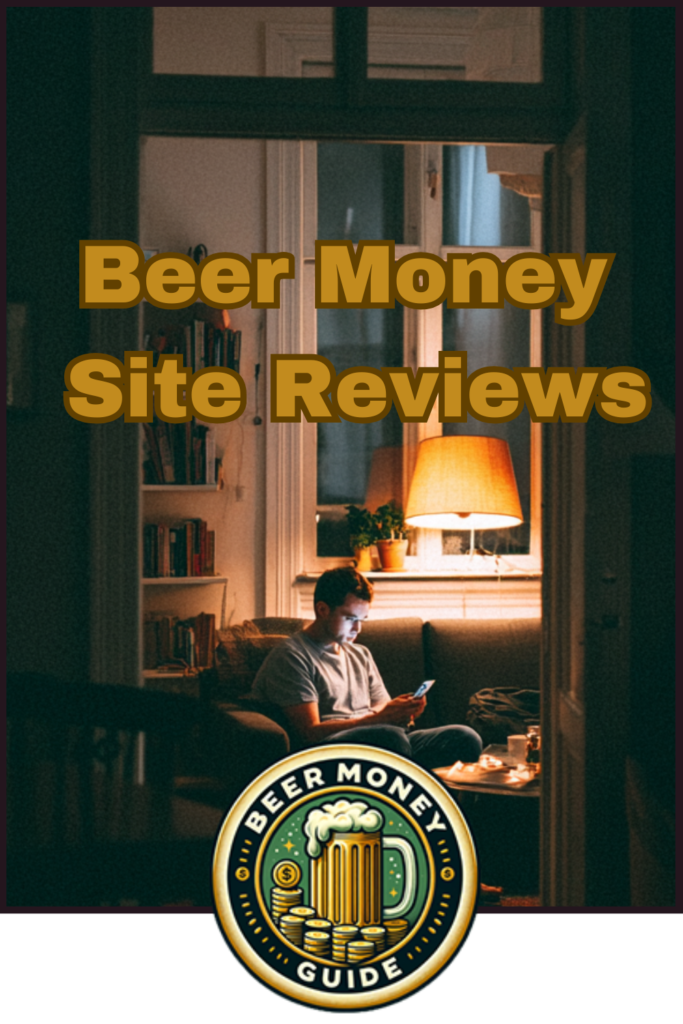 A man sits on a couch using a laptop in a warmly lit room, with "Beer Money Site Reviews" text and the "Beer Money Guide" logo below, exploring the best beer money sites through detailed gpt site comparisons.