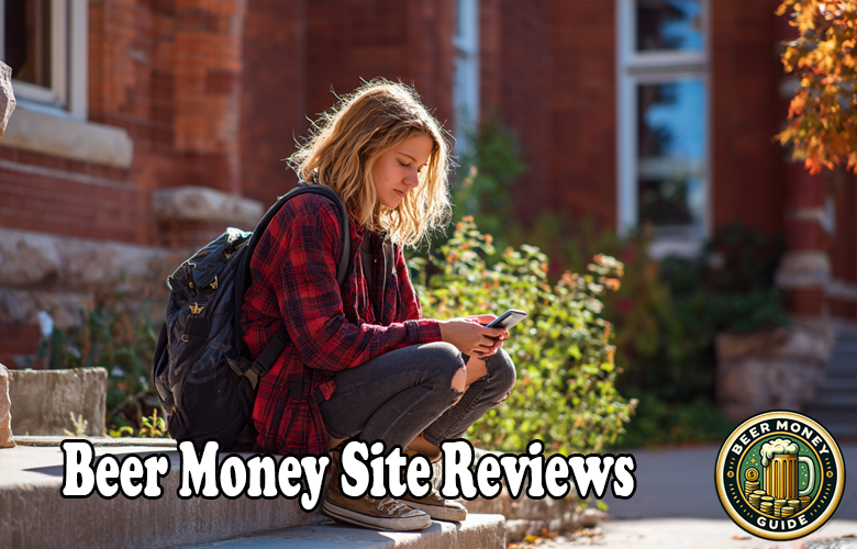 A young woman sits on outdoor steps, looking at her phone with a backpack beside her. Text reads "Beer Money Site Reviews" with the "Beer Money Guide" logo in the corner, showcasing gpt site comparisons and best beer money sites.