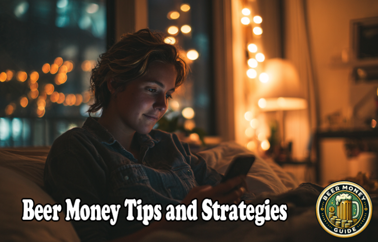 A person sits on a bed in a softly lit room, looking at their phone. Text on the image reads “Beer Money Tips and Strategies—stacking GPT sites for extra cash” with a Beer Money Guide logo.