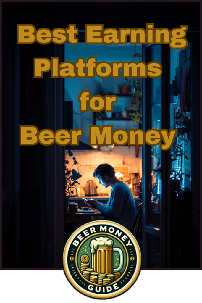 A person sits at a desk using a laptop in a dimly lit room, with the text "Best Earning Platforms for Beer Money" overlaid and a "Beer Money Guide" badge at the bottom, highlighting top beer money platforms.
